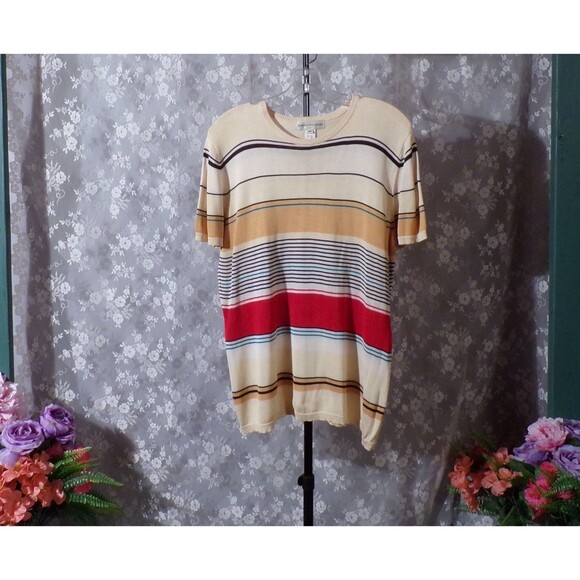 Vintage 90s Silk Blouse Size XL 1990s Evan Picone Knit Stripes Classic Retro - Picture 1 of 7